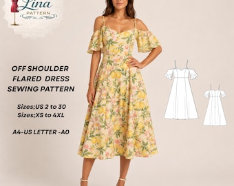 Off Shoulder Flared Dress Sewing Pattern, Midi Length,Flutter Sleeve Style(Digital PDF Download)