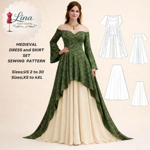 Medieval Set Dress Sewing Pattern,Off Shoulder Style (Digital PDF Download)(XS-4XL)