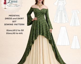 Mittelalterliches Set Kleid Schnittmuster, Schulterfrei (Digitaler PDF-Download) (XS-4XL)