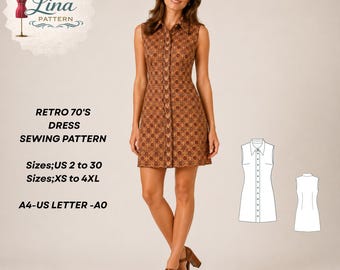 Retro jurk uit de jaren 70 Naaipatroon, a-lijn, mouwloze mini-jurk met kraag (digitale pdf-download) (XS-4XL)