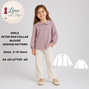 Mönster för blus med Peter Pan-krage för flickor, puffärmmodell (digital PDF-nedladdning) (XS-4XL)