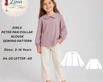 Girls Peter Pan Collar Blouse Sewing Pattern, Puff Sleeve Style(Digital PDF Download)(XS-4XL)