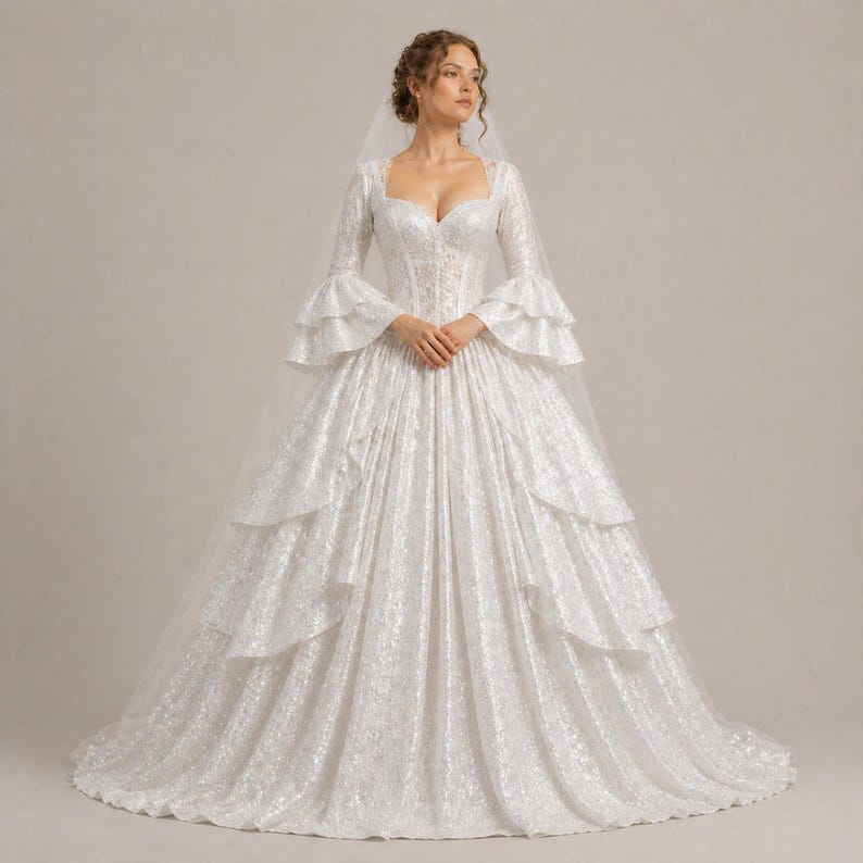 K&ouml;nnte beinhalten: Ein wei&szlig;es Hochzeitskleid mit quadratischem Ausschnitt, langen &Auml;rmeln mit R&uuml;schenb&uuml;ndchen und einem mehrschichtigen Rock. Das Kleid hat ein eng anliegendes Oberteil und einen flie&szlig;enden Rock. Ein durchsichtiger Schleier ist &uuml;ber dem Kopf drapiert.