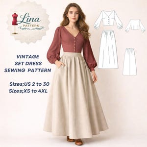 Mönster för vintageklänning, blus med v-ringning och kjol med dragkedja (digital PDF-nedladdning) (XS-4XL)