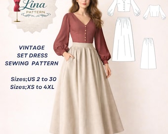 Vintage Set Dress Sewing Pattern,V Neck Blouse and Gathared Skirt (Digital PDF Download)(XS-4XL)