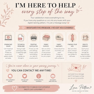 May include: An informational graphic for Lina Pattern digital sewing patterns with a light beige background. It features text and icons detailing support for download issues, printing, fabric choices, sizing, and sewing guidance for customers.