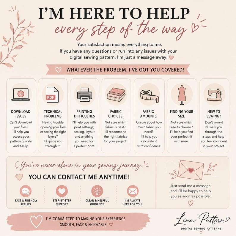 May include: An informational graphic for Lina Pattern digital sewing patterns with a light beige background. It features text and icons detailing support for download issues, printing, fabric choices, sizing, and sewing guidance for customers.