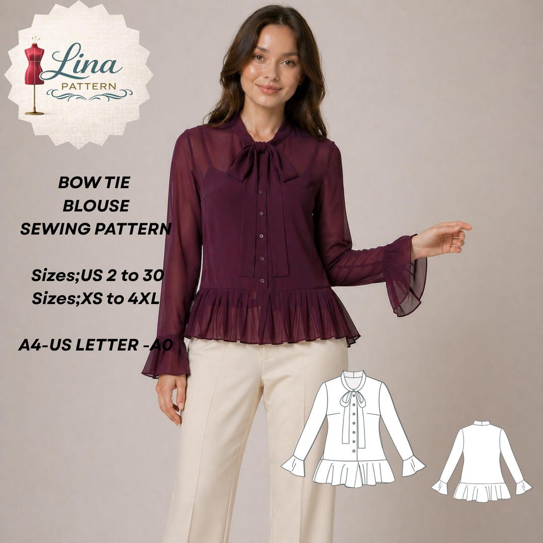 Bow Tie Blouse Sewing Pattern, Ruffle Hem Blouse, Peplum Top (digital ...