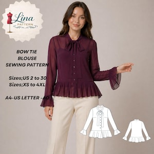 May include: A dark purple bow tie blouse with long sleeves and flared cuffs. The blouse features a ruffled peplum. The image includes a sewing pattern with the text "BOW TIE BLOUSE SEWING PATTERN" and size details.