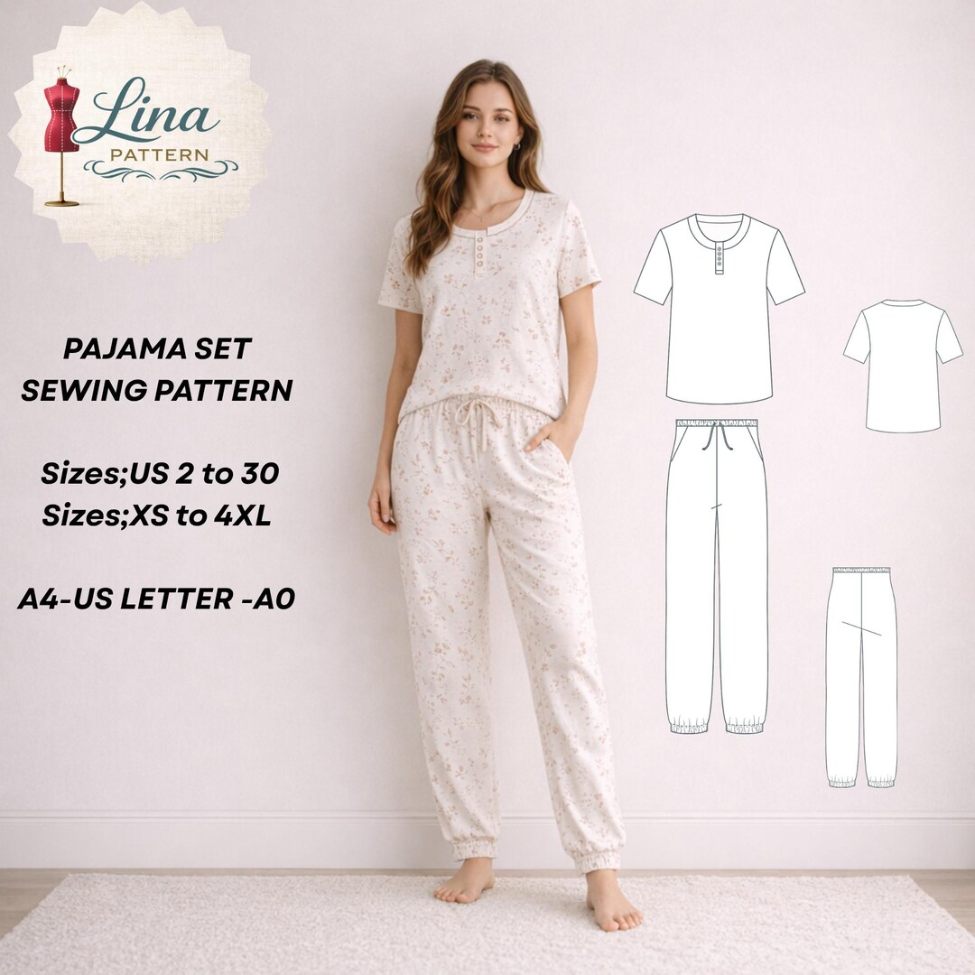 Pajama Set Sewing Pattern, Short Sleeve Top-jogger Pants, Relaxed Fit ...