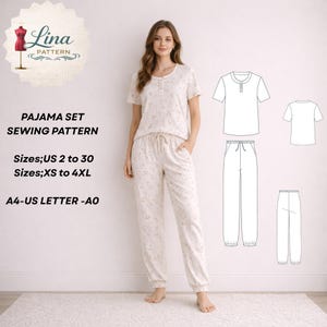 May include: A woman models a floral print pajama set, comprising a short-sleeved top with a buttoned neckline and drawstring trousers. The image also displays a sewing pattern with the text "PAJAMA SET SEWING PATTERN" and size details.