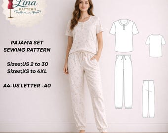 Pajama Set Sewing Pattern, Short Sleeve Top-Jogger Pants, Relaxed Fit (Digital PDF Download)(XS-4XL)