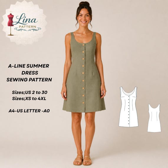 silk knee length dresses A Line Summer Dress Sewing Pattern, Button Front, Above (XS-4XL) (digital PDF Download) Dresses/Shop by Style/Metallic Dresses