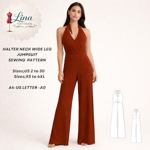 以下が含まれることがあります： 錆色のホルターネックワイドレッグジャンプスーツの縫製パターン。テキスト：Lina Pattern, HALTER NECK WIDE LEG JUMPSUIT SEWING PATTERN, Sizes; US 2 to 30, Sizes; XS to 4XL, A4-US LETTER-A0。2つの白黒の線画が含まれています。