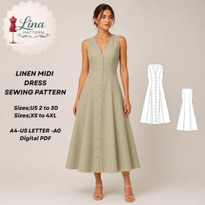 Linen Midi Dress Sewing Pattern,Button Front, Princess-cut Dress (XS-4XL) (Digital PDF Download)