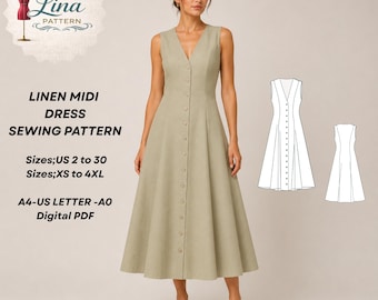 Linen Midi Dress Sewing Pattern,Button Front, Princess-cut Dress (XS-4XL) (Digital PDF Download)
