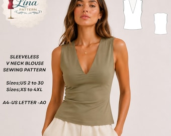 Mouwloze blouse met V-hals naaipatroon, getailleerde hoge heuptop (digitale pdf-download) (XS-4XL)