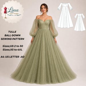 Könnte beinhalten: Ein Schnittmuster für ein Ballkleid aus Tüll in Salbeigrün von Lina Pattern. Das Kleid hat einen schulterfreien Herz-Ausschnitt und lange, voluminöse, transparente Ärmel. Der Text umfasst Tulle Ball Gown Sewing Pattern, Sizes US 2 to 30, XS to 4XL, A4-US Letter-A0.