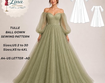 Tulle Ball Gown Sewing Pattern, Sweetheart Neck, Full Circle Skirt(Digital PDF Download)(XS-4XL)