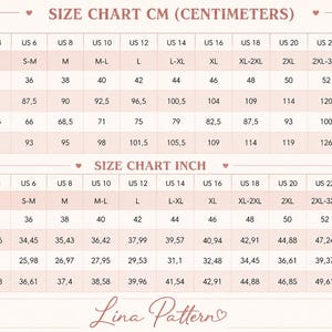May include: A size chart table with two sections labeled SIZE CHART CM and SIZE CHART INCH. It displays US, International, and Europe sizes alongside bust, waist, and hip measurements in inches and centimeters. The text Lina Pattern is at the bottom.