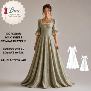 Op de afbeelding: Een Victoriaans maxi-jurk naaipatroon met een saliegroene bloemenprint, vierkante halslijn en driekwart klokmouwen met kanten rand. Tekst: Lina Pattern, Victorian Maxi Dress Sewing Pattern, Sizes US 2 to 30, XS to 4XL, A4-US Letter-A0.