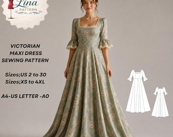 Victoriaanse maxi-jurk naaipatroon, vierkante hals, volledige cirkelrok (digitale pdf-download) (XS-4XL)