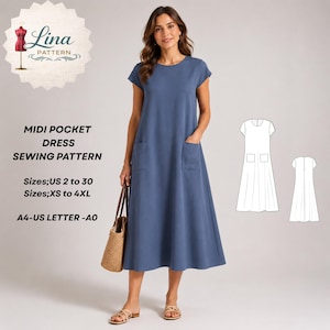 Peut inclure: Un patron de couture pour robe midi à poches par Lina Pattern. La robe est bleue avec des manches courtes, une encolure ronde et deux poches avant. Le texte indique MIDI POCKET DRESS SEWING PATTERN, Sizes; US 2 to 30, Sizes; XS to 4XL, A4-US LETTER -A0.