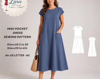 Midi Pocket Dress Sewing Pattern, Tent Dress, Cap Sleeve Style(XS-4XL) (Digital PDF Download)