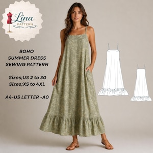 May include: A woman in a light green Boho summer dress with a floral design, pockets, and a frilled hem. The dress is a sewing pattern, available in sizes US 2 to 30 and XS to 4XL. A line drawing of the dress is also shown.