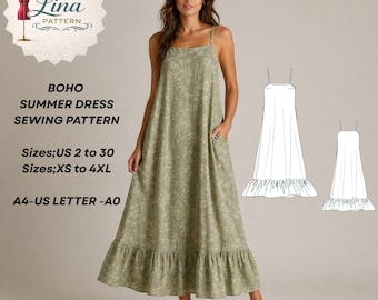 Boho Summer Dress Sewing Pattern, Spaghetti Strap Tent Dress (XS-4XL) (Digital PDF Download)