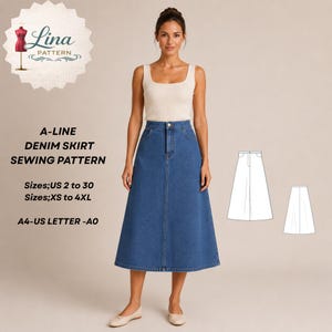 May include: A-line denim skirt sewing pattern by Lina Pattern. The skirt is blue with a high waist, button closure, and midi length. Text includes A-LINE DENIM SKIRT SEWING PATTERN, Sizes; US 2 to 30, Sizes; XS to 4XL, and A4-US LETTER -A0.