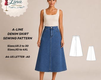 A Line Denim Skirt Sewing Pattern,High Waist Midi Length Style(Digital PDF Download)(XS-4XL)