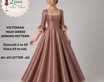 Victorian Maxi Dress Sewing Pattern, Square Neck, Full Circle  Skirt(Digital PDF Download)(XS-4XL)