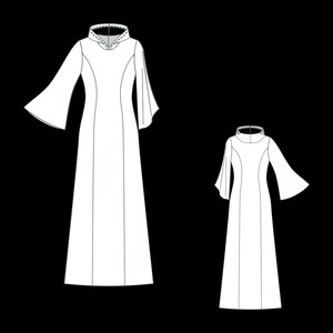 May include: A technical line drawing of a floor-length dress featuring a high collar with a V-shaped neckline detail, long flared bell sleeves, and vertical seam lines running down the front. The illustration shows two versions of the dress.