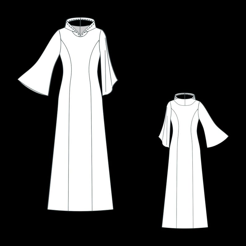 May include: A technical line drawing of a floor-length dress featuring a high collar with a V-shaped neckline detail, long flared bell sleeves, and vertical seam lines running down the front. The illustration shows two versions of the dress.