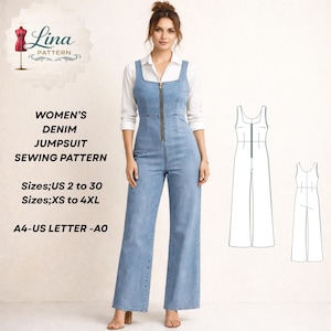 Może przedstawiać: Wzór szycia dżinsowego kombinezonu w jasnoniebieskim kolorze z kwadratowym dekoltem i mosiężnym zamkiem błyskawicznym. Rozmiary US 2 do 30 i XS do 4XL. Obraz zawiera również rysunek techniczny kombinezonu.