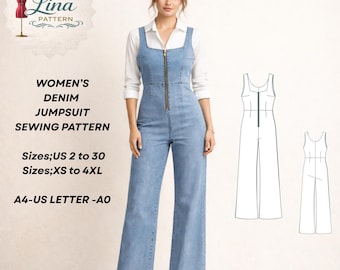 Denim jumpsuit dames naaipatroon, vierkante hals, ritssluiting aan de voorkant (digitale pdf-download) (XS-4XL)