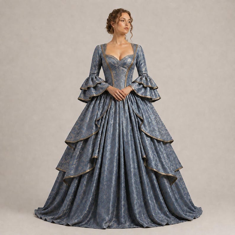 K&ouml;nnte beinhalten: Ein langes, flie&szlig;endes, blaues Kleid mit goldenen Verzierungen. Das Kleid hat einen quadratischen Ausschnitt, lange &Auml;rmel mit R&uuml;schenb&uuml;ndchen und einen mehrschichtigen Rock. Der Stoff hat ein subtiles Muster, das einen k&ouml;niglichen und eleganten Look erzeugt. Geeignet f&uuml;r formelle Anl&auml;sse.