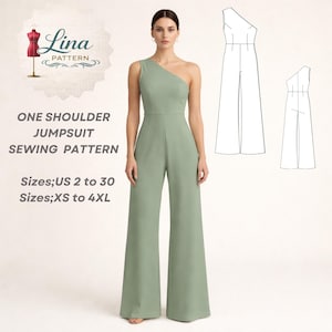 Può includere: Una tuta monospalla verde salvia. L'immagine include una donna che indossa la tuta, insieme a illustrazioni di modelli di cucito. Il testo sull'immagine recita "ONE SHOULDER JUMPSUIT SEWING PATTERN" e i dettagli delle taglie.