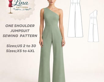 One Shoulder Jumpsuit Sewing Pattern,Wide Leg Style (Digital PDF Download)(XS-4XL)