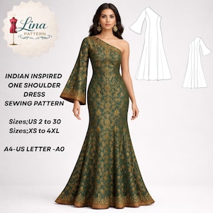 Könnte beinhalten: Ein indisch inspiriertes One-Shoulder-Kleid-Schnittmuster. Das grüne Kleid hat ein goldenes Blumenmuster und einen einzelnen langen Ärmel. Das Kleid ist im Meerjungfrauen-Stil mit ausgestelltem Saum. Größen: US 2 bis 30, XS bis 4XL.