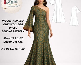 Indian Inspired One Shoulder Dress Sewing Pattern, Bell Sleeve Style (Digital PDF Download)(XS-4XL)