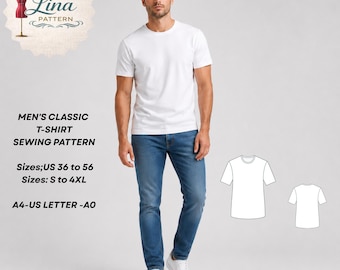 Men's Classic T-Shirt Sewing Pattern,Crew Neck, Short Sleeve Style (Digital PDF Download)