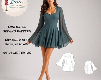 Mini Dress Sewing Pattern, Bell Sleeve Chiffon Dress(Digital PDF Download)(XS-4XL)