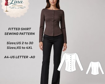 Fitted Shirt Sewing Pattern, Button Front, Long Sleeve Style  (Digital PDF Download)