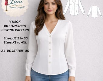 V Neck Button Shirt Sewing Pattern, Long Sleeve Fitted Style (Digital PDF Download)