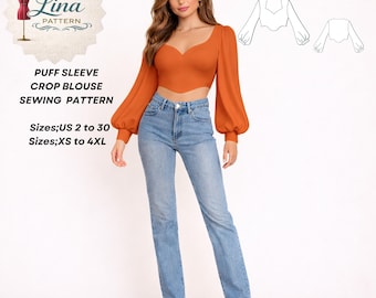 Puff Sleeve Crop Blouse Sewing Pattern,Asymmetrical Top (Digital PDF Download)(XS-4XL)