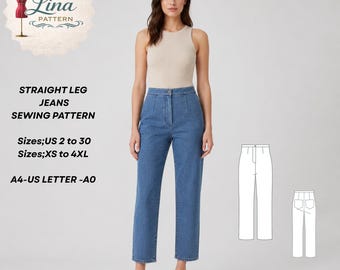 Straight Leg Jeans Sewing Pattern,Ankle Length,High Waisted Style (Digital PDF Download)(XS-4XL)