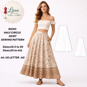 Mönster för bohemisk halvcirkelkjol, fotlång (digital PDF-nedladdning) (XS-4XL)