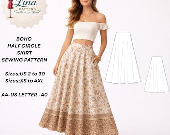 Boho Half Circle Skirt Sewing Pattern, Ankle Lenght (Digital PDF Download)(XS-4XL)